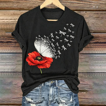 Women's Memorial Day Poppy Art Printed T-Shirt