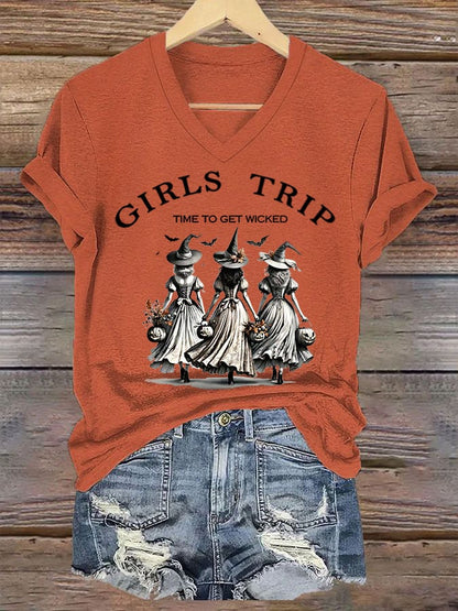 Women's Funny Halloween Witch Girls Trip Time To Get Wicked Casual V-Neck Tee