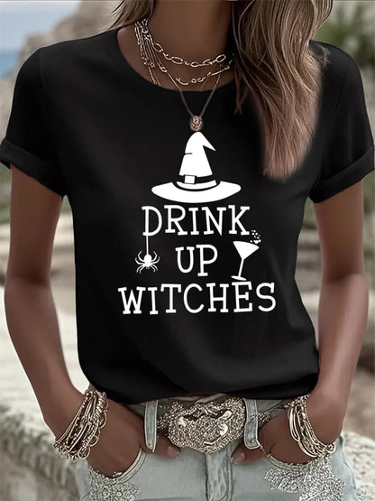 🔥HOT SALE🔥Women's Drink Up Witches Print Casual T-shirt