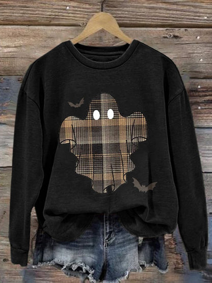 🔥Buy 2 Get 10% Off🔥Retro Halloween Ghost & Bats Flannel Plaid Print Sweatshirt