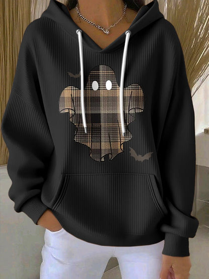 🔥HOT SALE🔥Retro Halloween Ghost & Bats Flannel Plaid Print Hoodie