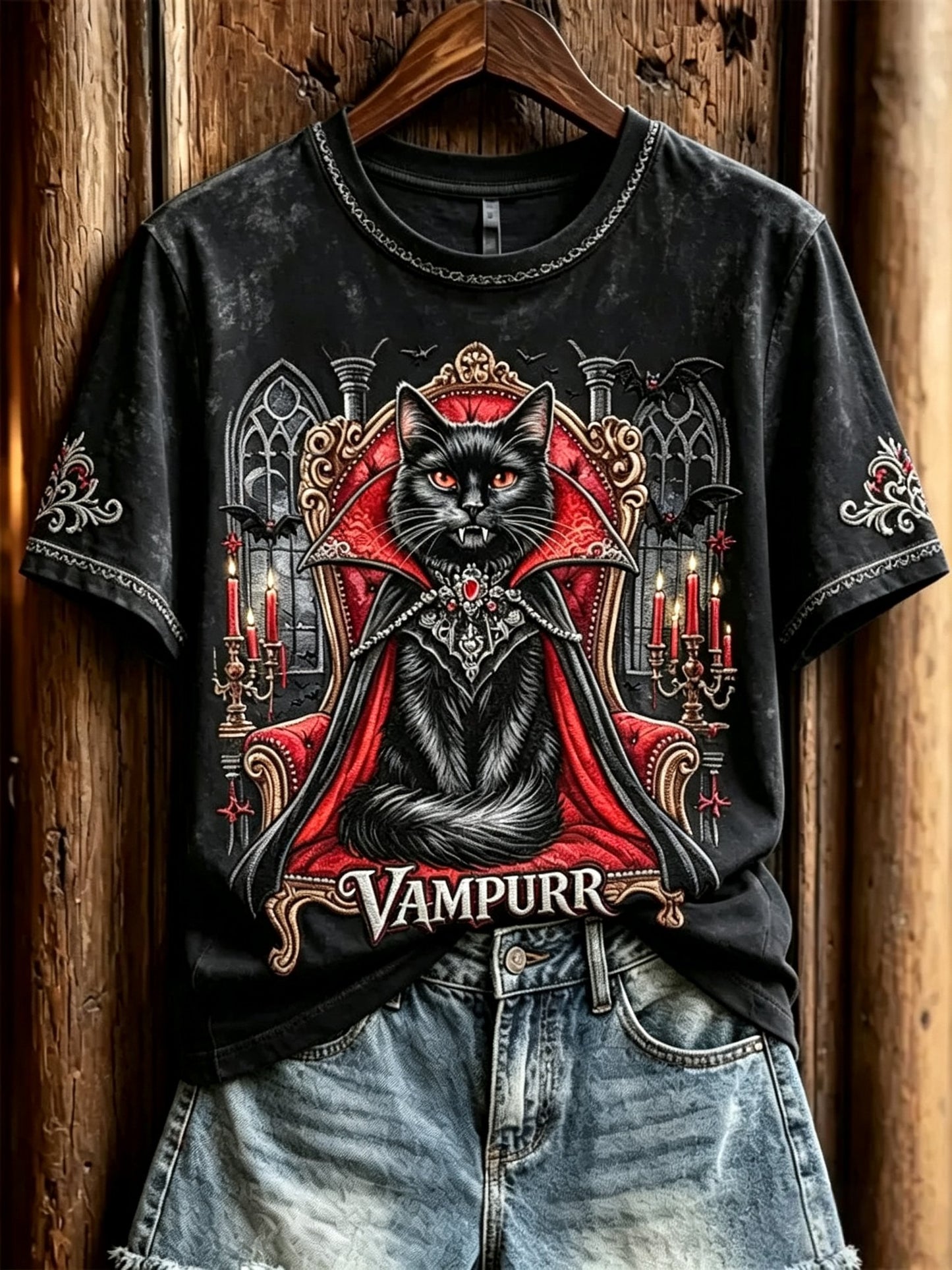 Women's Halloween Vampire Cat Printed T-shirt