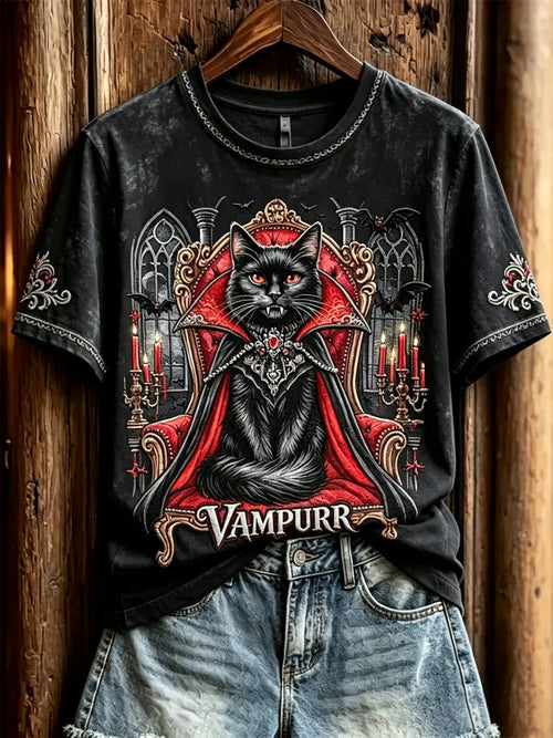Women's Halloween Vampire Cat Printed T-shirt