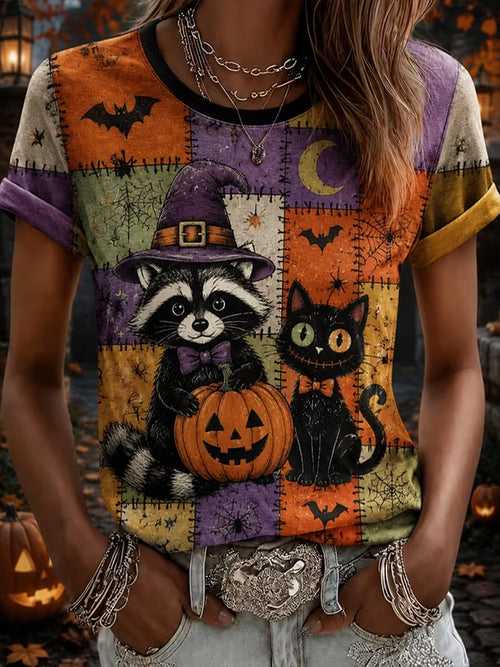 Women's Halloween Cat Print  T-shirt