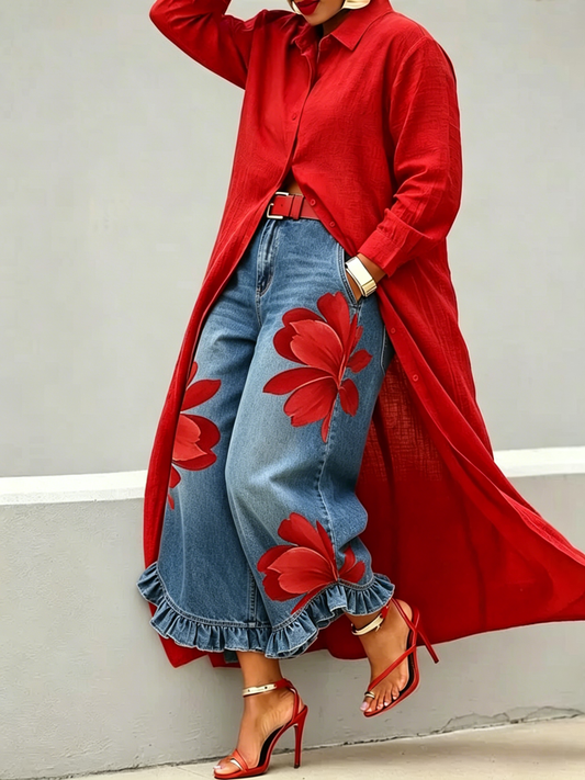 Women's Red Floral Ruffled Blue Denim Wide-leg Cropped Pants