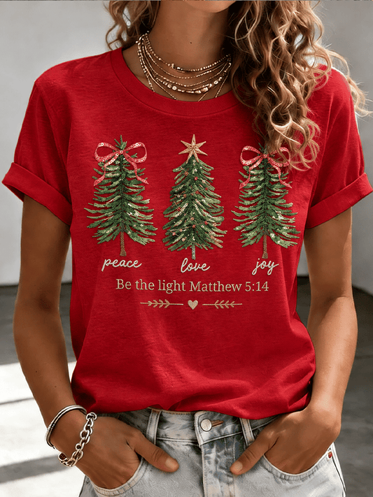 Women's Christmas Comfortable Round Neck Pure Cotton Short-Sleeve T-Shirt - 'Peace, Love, and Joy'