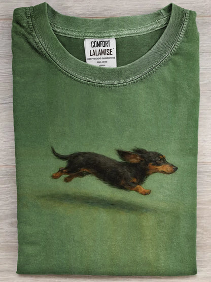 Funny Retro Cute Running Dog Art Print Casual Cotton Short Sleeve T-shirt