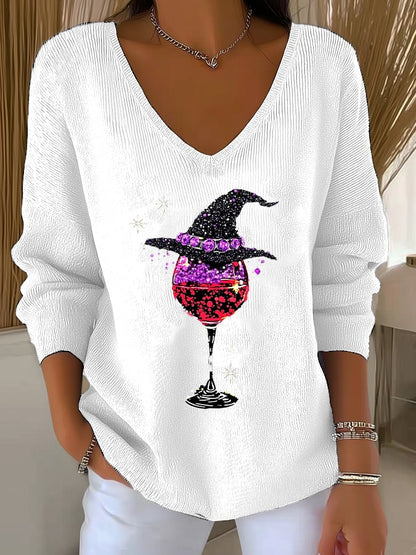 🔥HOT SALE🔥Women's Halloween Wine Glass Print V Neck Sweater