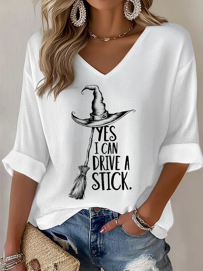 Women'S I Can Drive a Stick Print Casual Waffle T-Shirt