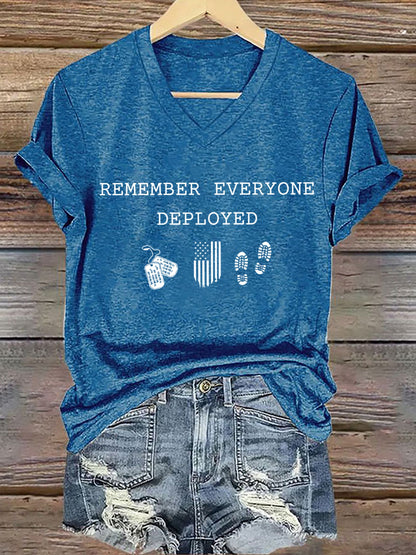 Women's On Fridays We Wear RED Remember Everyone Deployed Print V Neck T-shirt
