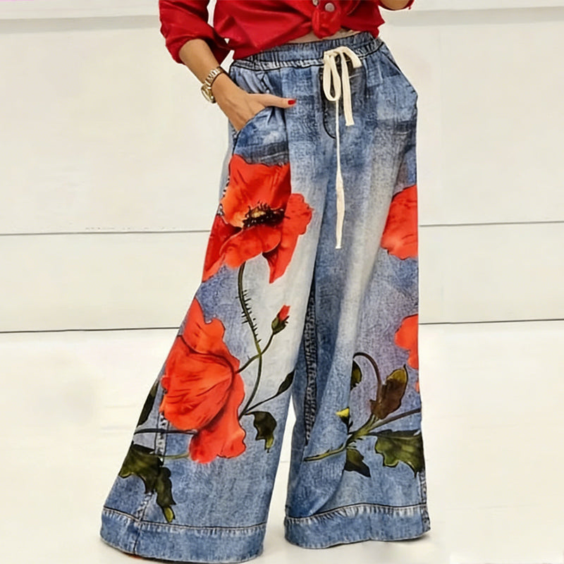 Women's Memorial Day Poppy Print Casual Wide-Leg Pants