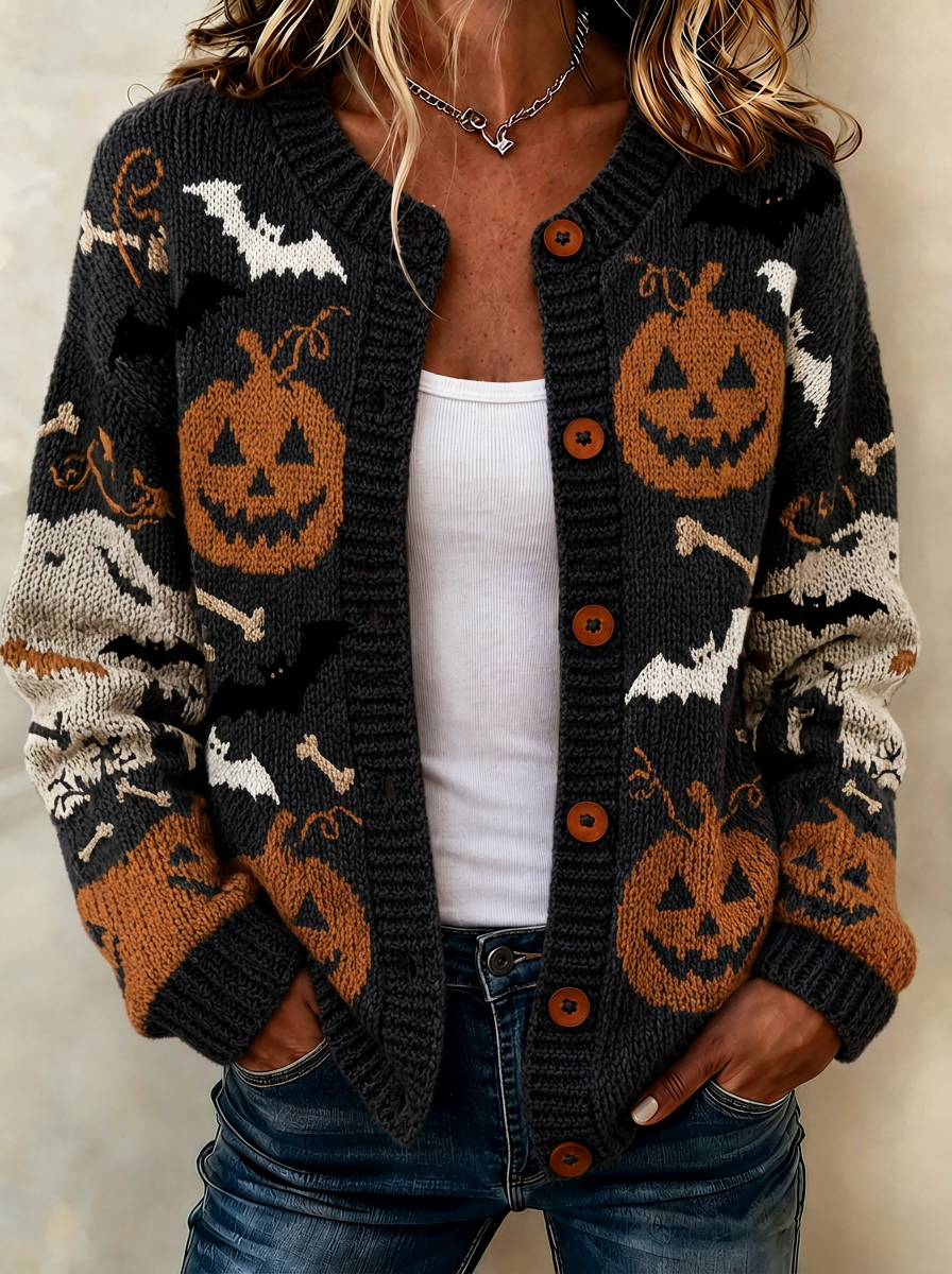 Women's Halloween Pumpkin Bat Pattern Knitted Cardigan