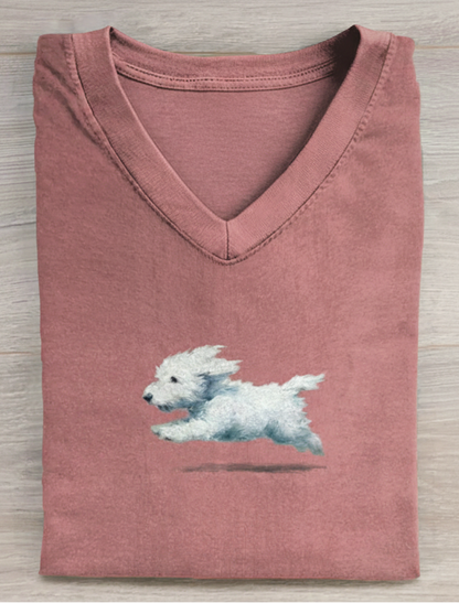 Funny Retro Cute Running White Dog Art Print V-neck Casual T-shirt