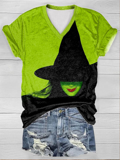 Women's Witch Print Short Sleeve V-neck T-Shirt