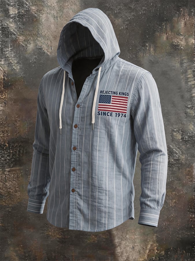 Men's Striped Linen Blend Hooded Long Sleeve Shirt, American Flag Print Casual Button-Down Top with Drawstring