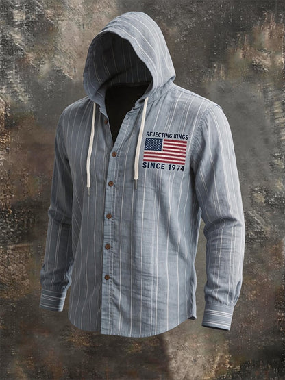 Men's Striped Linen Blend Hooded Long Sleeve Shirt, American Flag Print Casual Button-Down Top with Drawstring