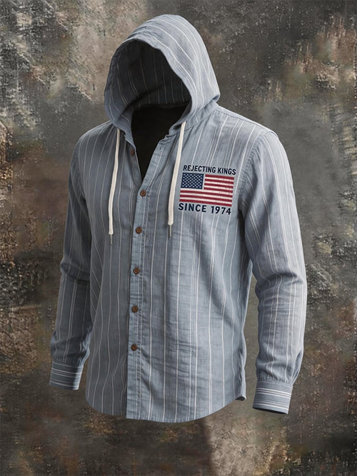 Men's Striped Linen Blend Hooded Long Sleeve Shirt, American Flag Print Casual Button-Down Top with Drawstring