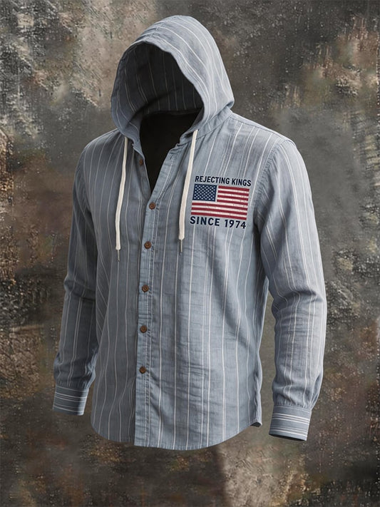 Men's Striped Linen Blend Hooded Long Sleeve Shirt, American Flag Print Casual Button-Down Top with Drawstring