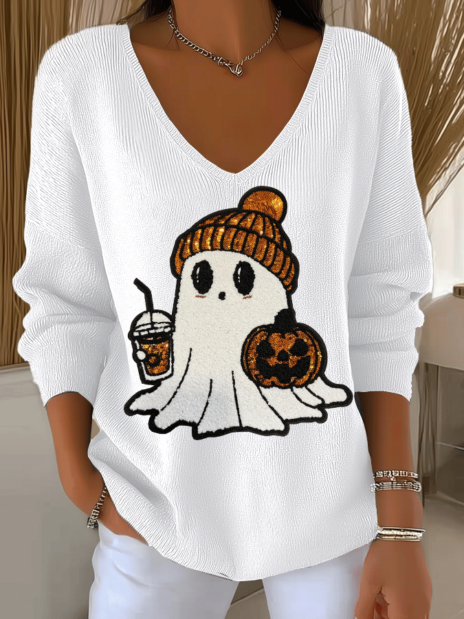 Women's Halloween Ghost Print Knit Long Sleeve Top