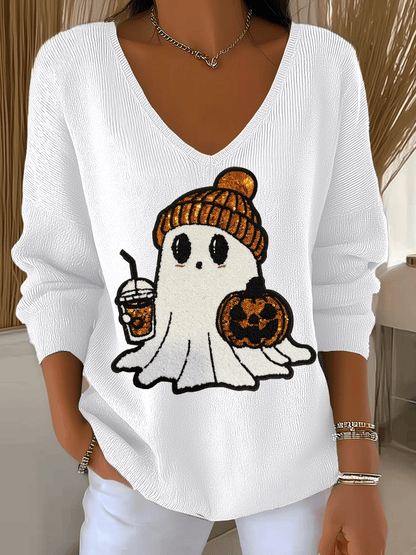 Women's Halloween Ghost Print Knit Long Sleeve Top