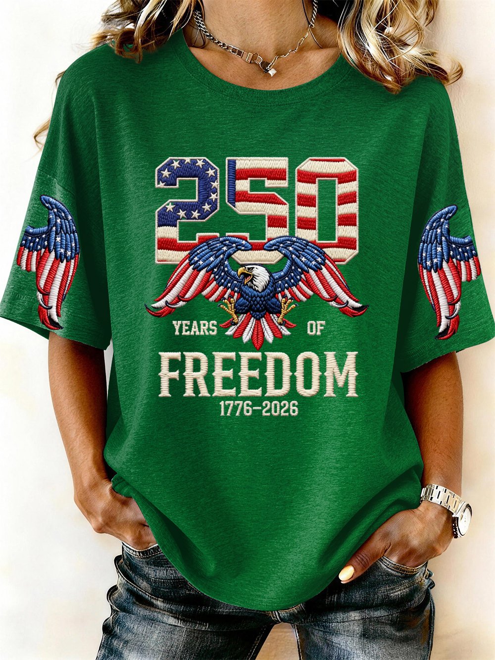 Women’s USA 250th Anniversary Embroidered Print Crew Neck Short Sleeve T-Shirt