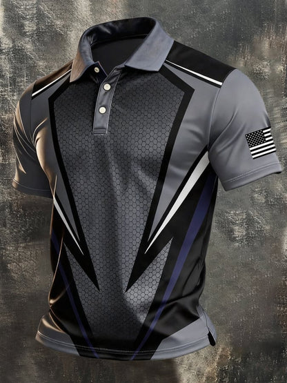 Men's Retro Patriotic Color-Block Short-Sleeve Polo Shirt