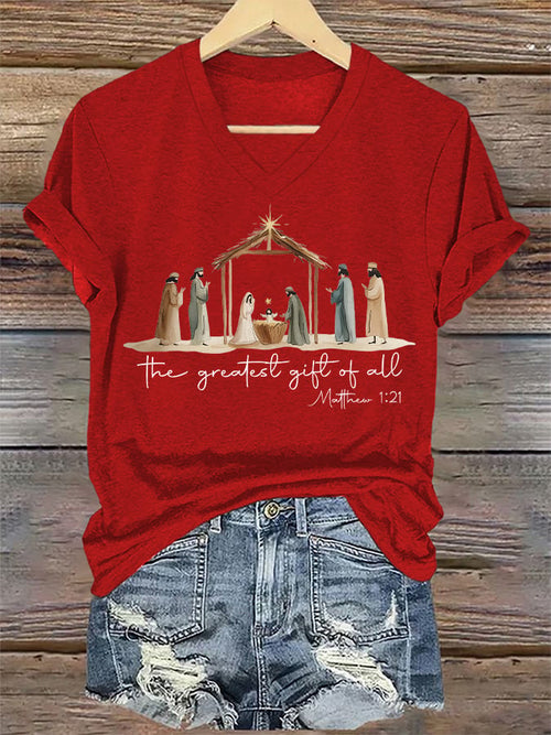 V-Neck Retro Christmas The Greatest Gift Of All Is Jesus Matthew 1:21 Print T-Shirt