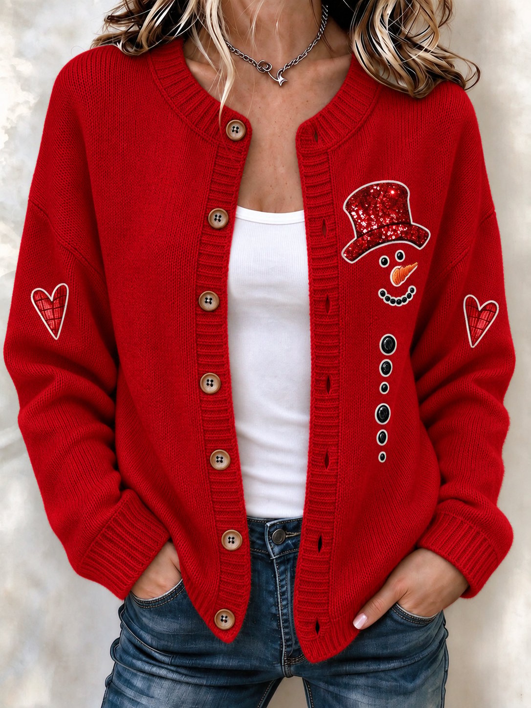 Women's Christmas Snowman Print Knit Cardigan