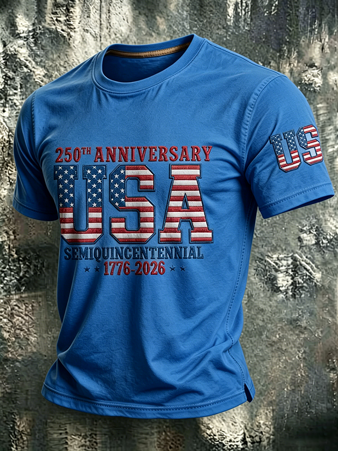 Men'S Casual American 250Th Anniversary Embroidered Print Round Neck T-Shirt