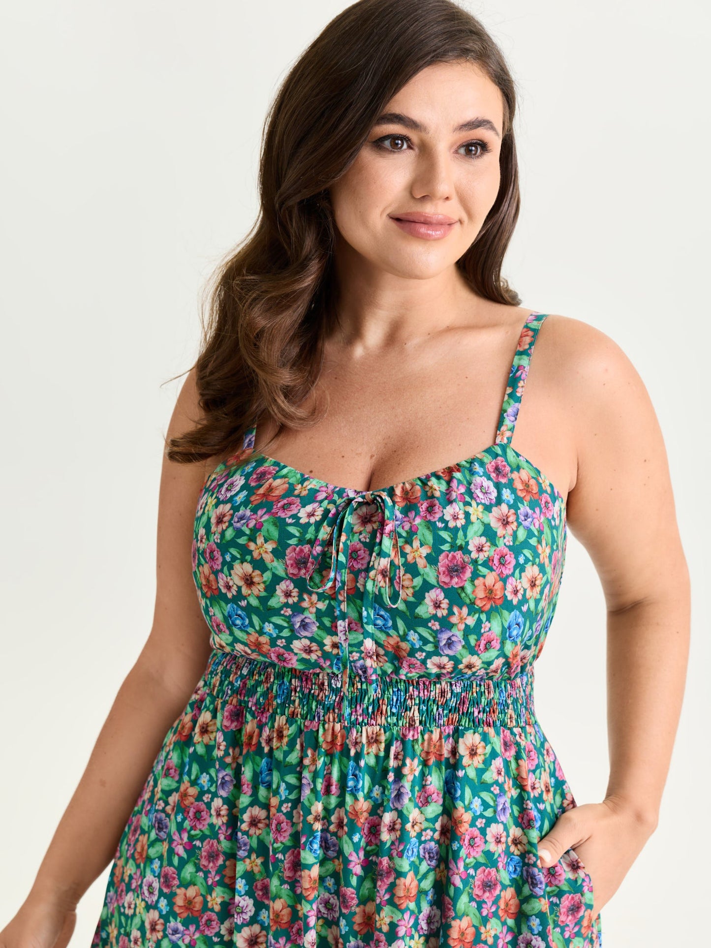 Floral Print Shirred Waist Flowy Midi Dress