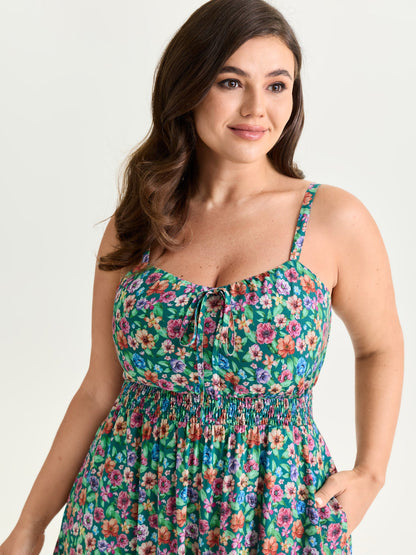 Floral Print Shirred Waist Flowy Midi Dress