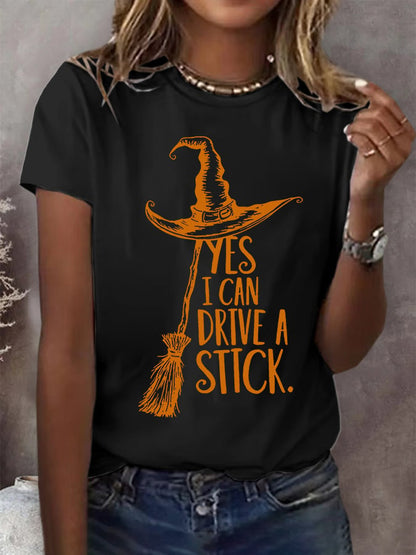 Women's Yes I Can Drive A Stick Printed Round Neck T-Shirt