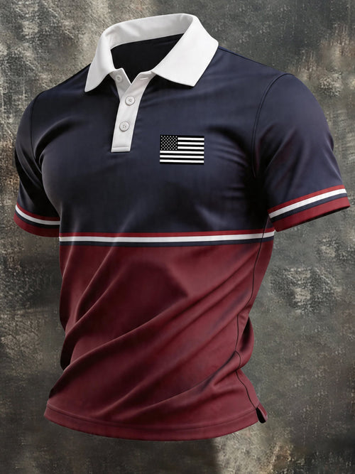 Men's Retro Patriotic Color-Block Short-Sleeve Polo Shirt