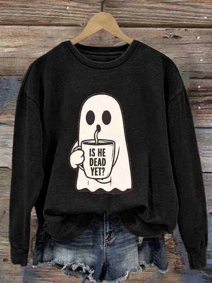 Women's Halloween Is He Dead Yet Ghost Print Casual Sweatshirt