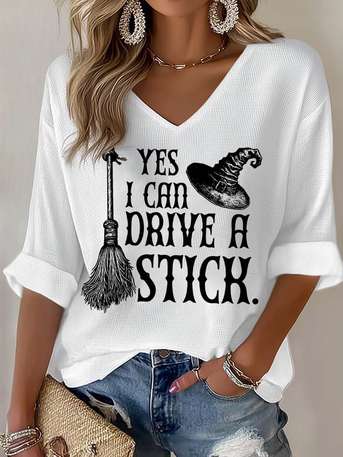 🔥HOT SALE🔥Women's Yes I Can Drive A Stick Print V Neck T-shirt