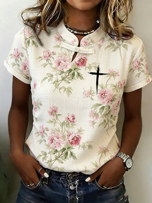 Women's Faith Cotton And Linen Floral Print Shirt