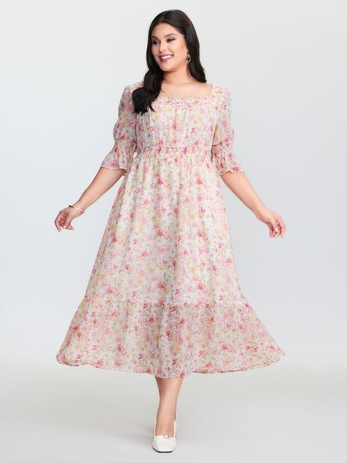Floral Print Shirred Neckline Maxi Dress