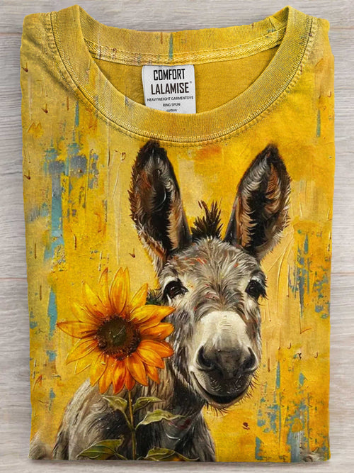 Donkey With Sunflower Art Print Cotton Casual Short Sleeve T-shirt