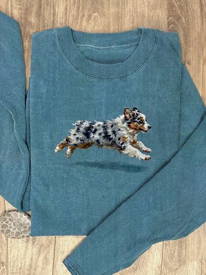 Funny Retro Cute Running Dog Art Print Casaul Cotton Long Sleeve Shirt