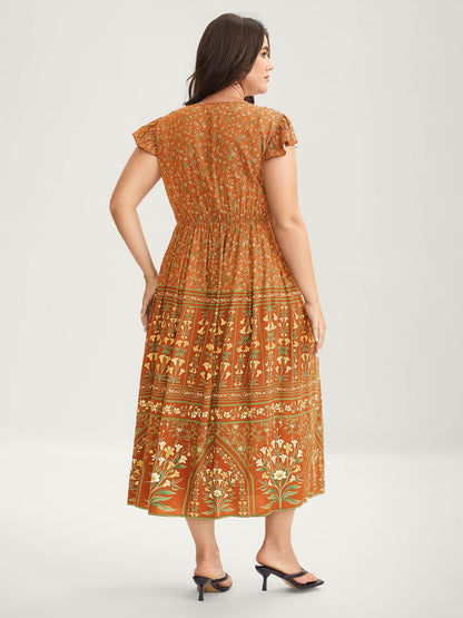 Rayon Garden Fresh Ruffled Sleeve Midi Dress