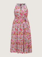 Floral Print Halter Neckline Waist-Tie Maxi Dress