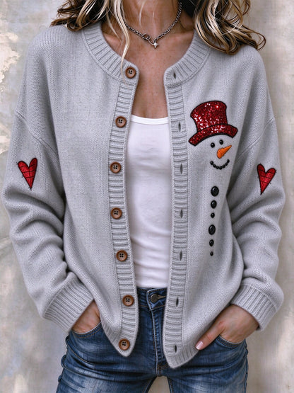 Women's Christmas Snowman Print Knit Cardigan