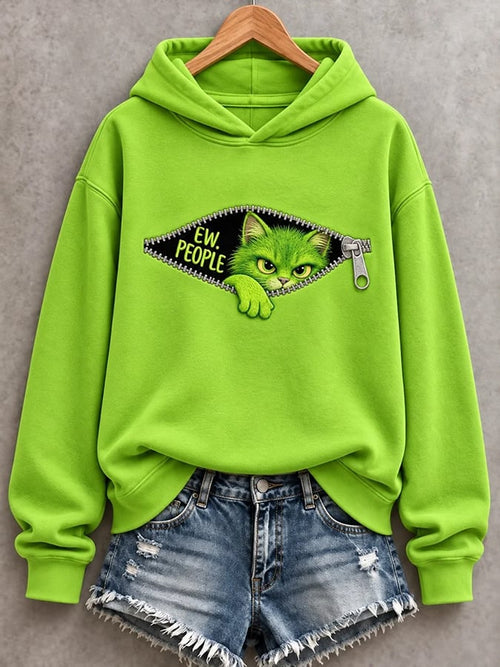 Women's Christmas Funny Cat Ew,People Print Casual Hoodie