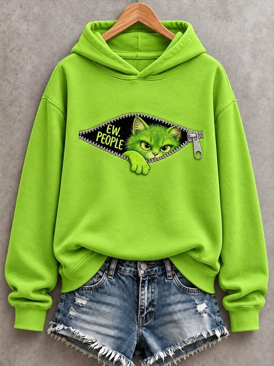 Women's Christmas Funny Cat Ew,People Print Casual Hoodie