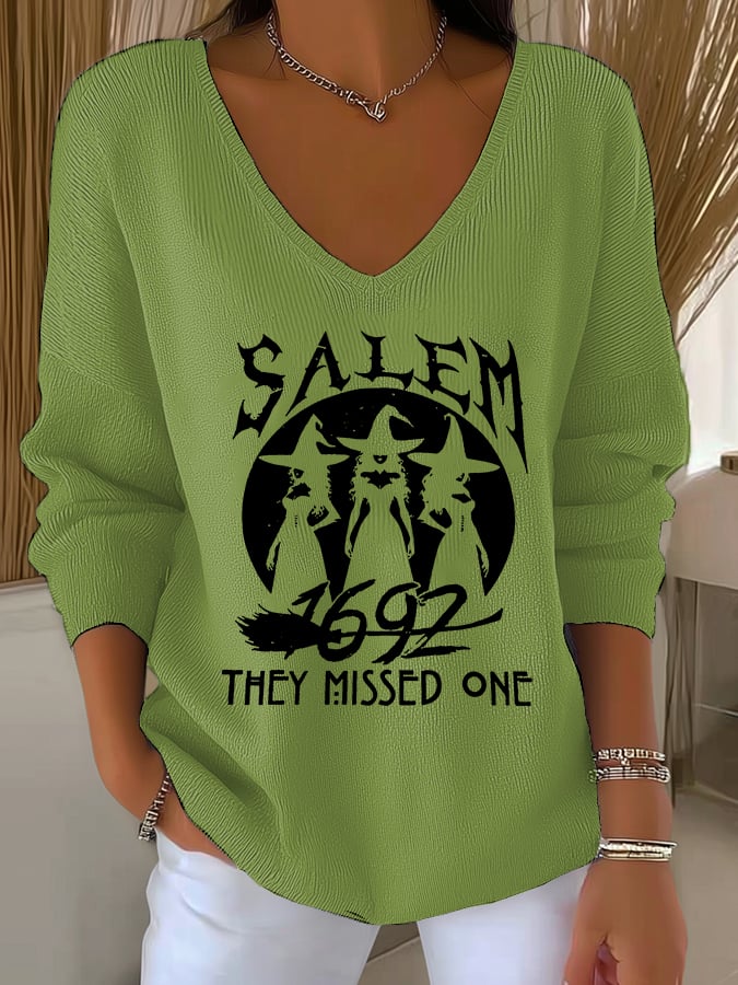 🔥HOT SALE🔥Women's 1692 Salem They Missed One Print V Neck Sweater