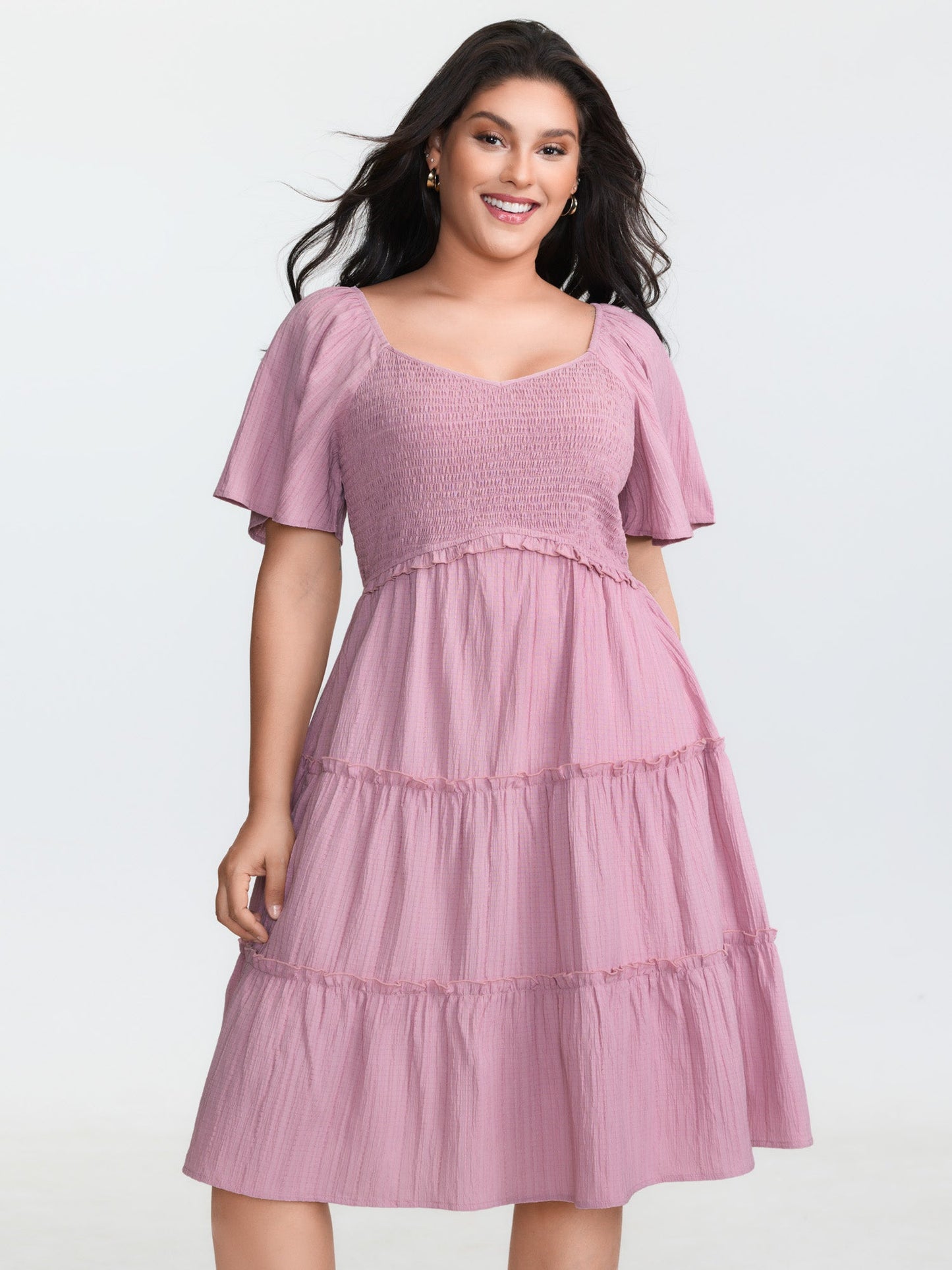 Shirred Bodice Flared Sleeve Pockets Mini Dress