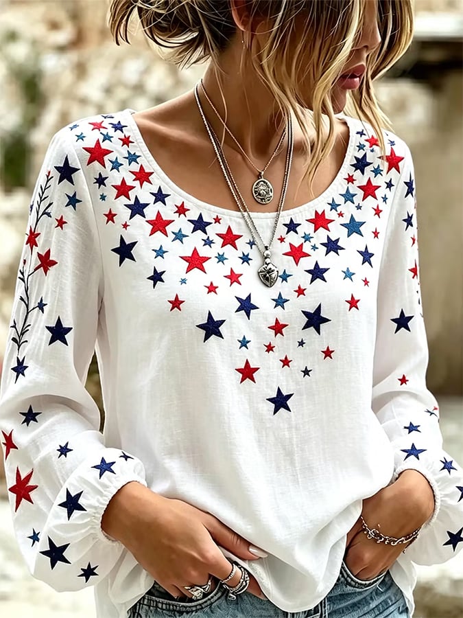 Women'S Retro American Flag Floral Art Printed Long Sleeved T-Shirt