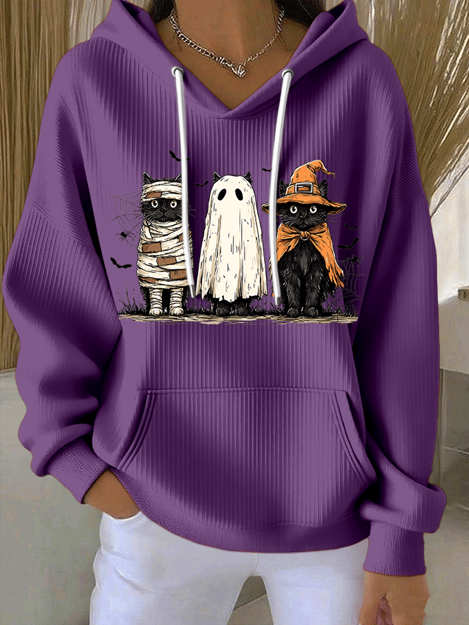 🔥HOT SALE🔥Women's Halloween Cat Print Casual Hooded Sweatshirt