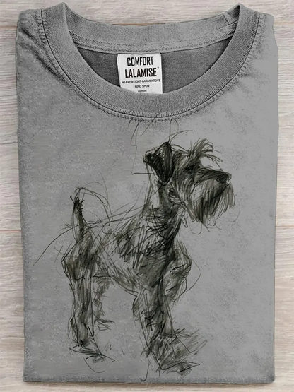 Retro Schnauzer Abstract Art Print Casual Pure Cotton Short Sleeved T-shirt
