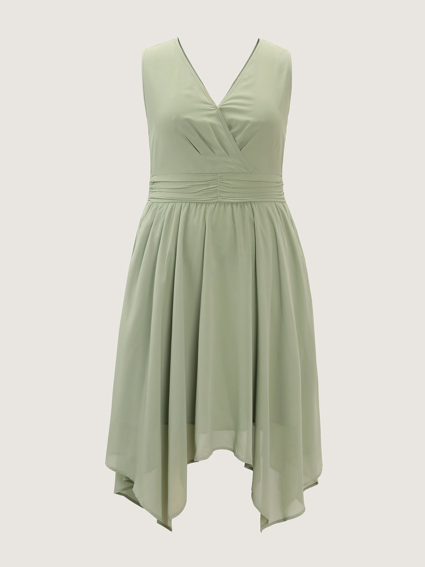Pleated Waist Pockets High Low Hem Midi Dress